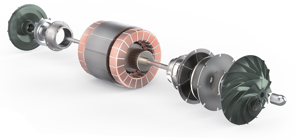 the primary internal components of Turbowin Core, including the PM Motor, Air Foil Bearing and Impeller